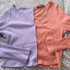 2 color button crop top / long sleeve